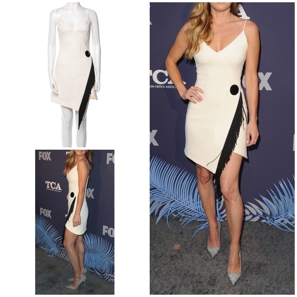 Authentic DAVID KOMA Embellished Mirror Asymmetrical Fringe Mini V Neck Dress